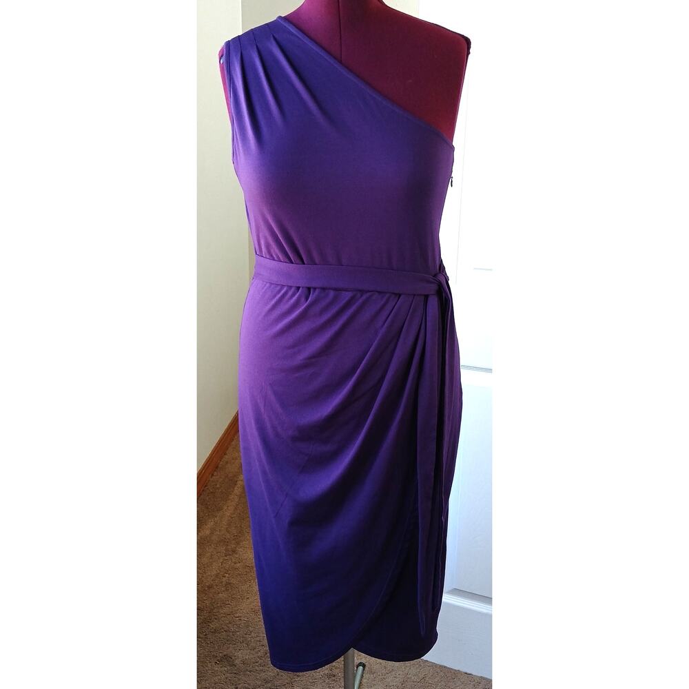 Yathon Purple One Shoulder Wrap Tie Dress XL jersey knit comfy cocktail midi
